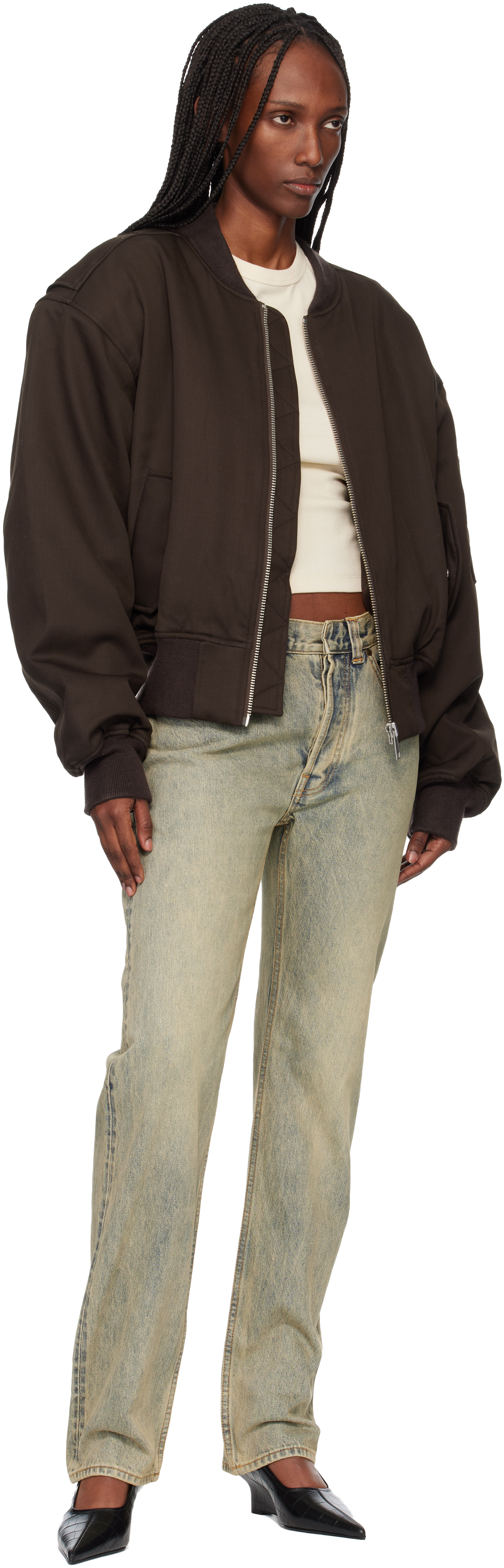 Brown Cropped Broad Suiting Bomber Jacket