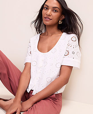 Ann Taylor Weekend Eyelet Scoop Neck Blouse