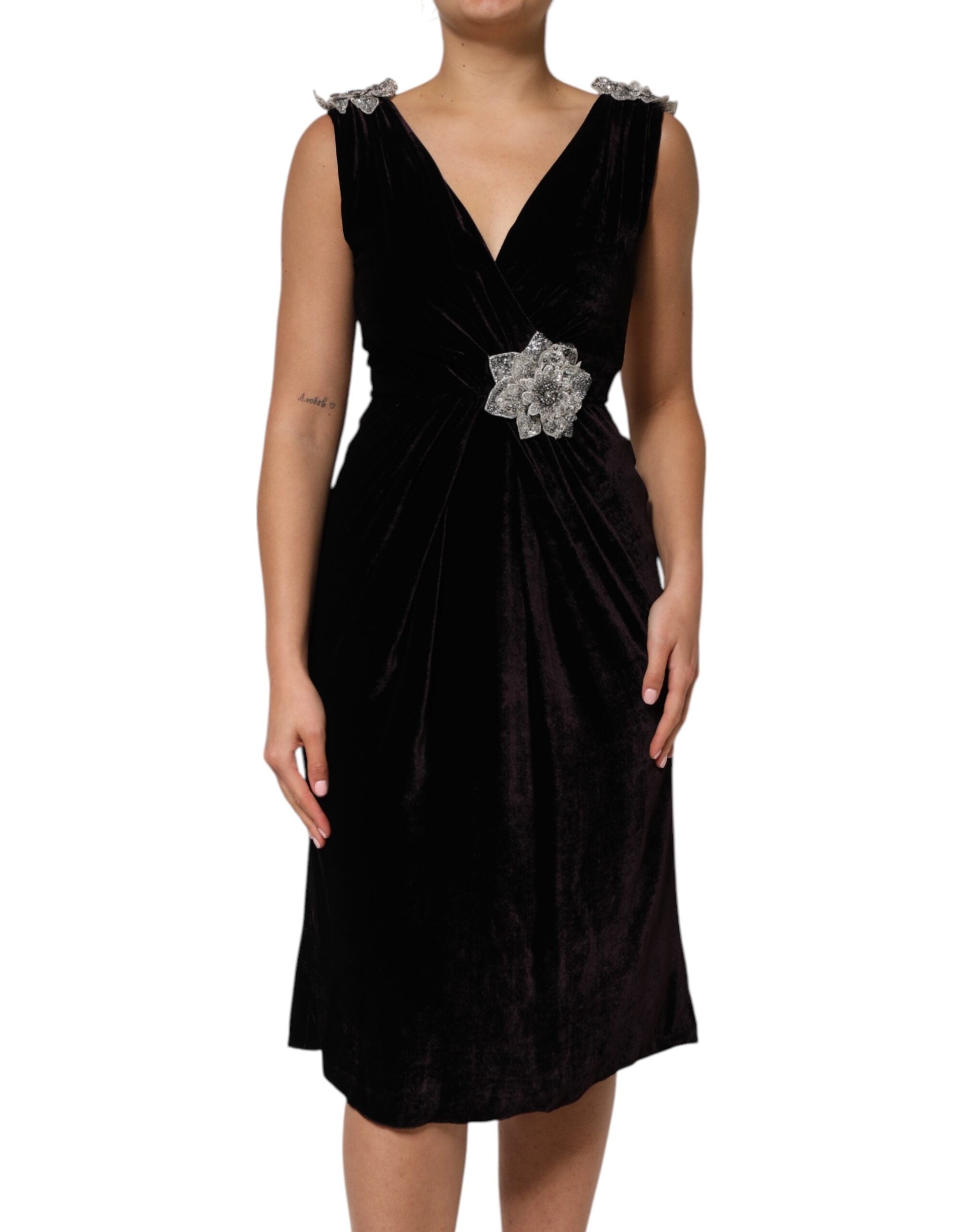 Velvet Floral-Embellished Dress — Black