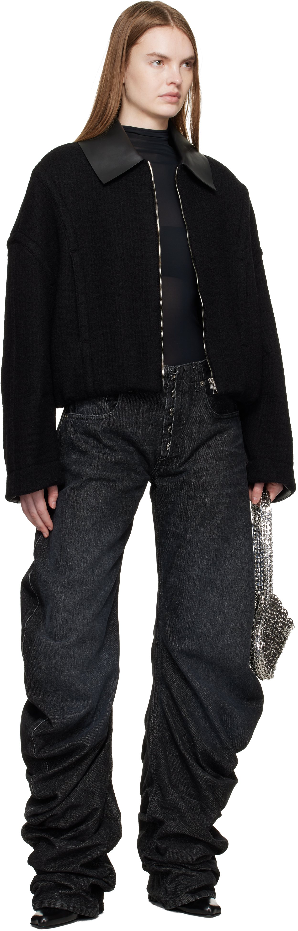 Black Heavy Wool Bomber Jacket
