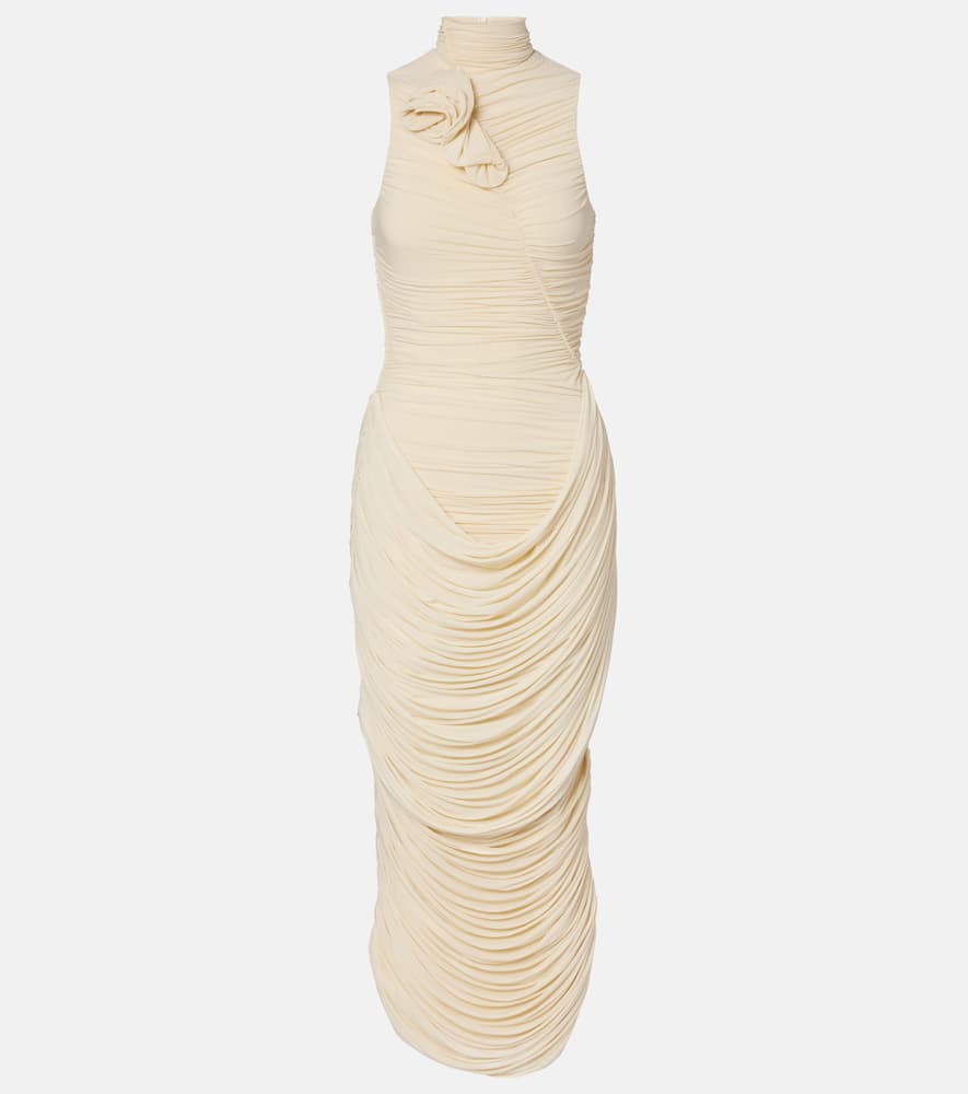 Floral-appliqué draped ruched gown