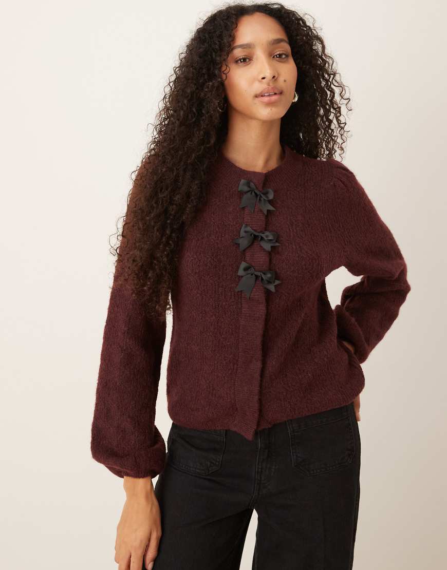 Super soft bow detail cardigan with wool in burgundy-Red