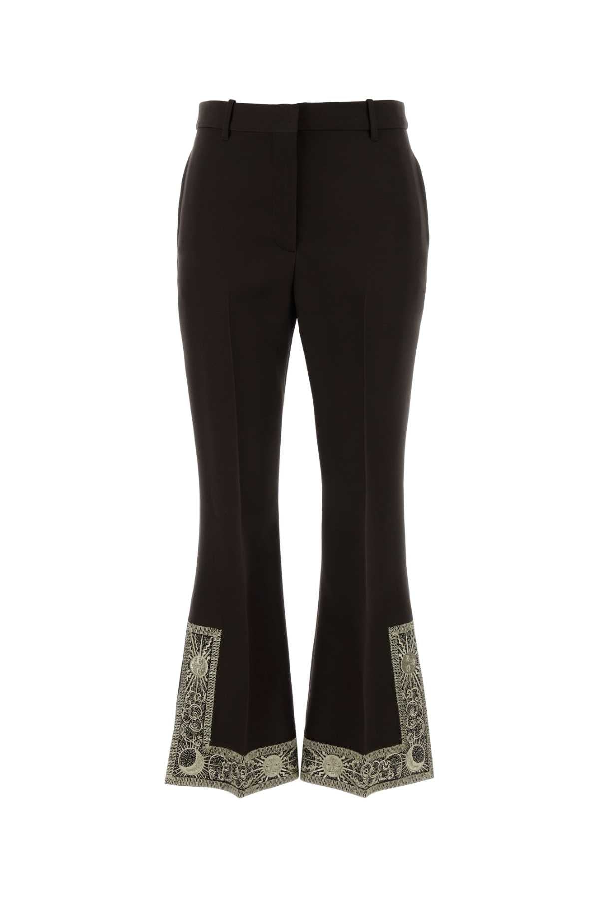 Lace-Trim Flare Trousers — Brown