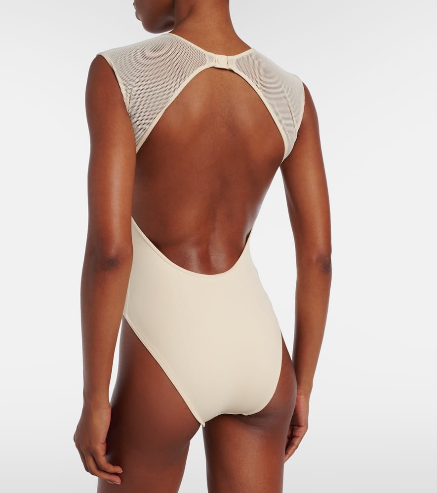 Unique mesh-trimmed jersey bodysuit