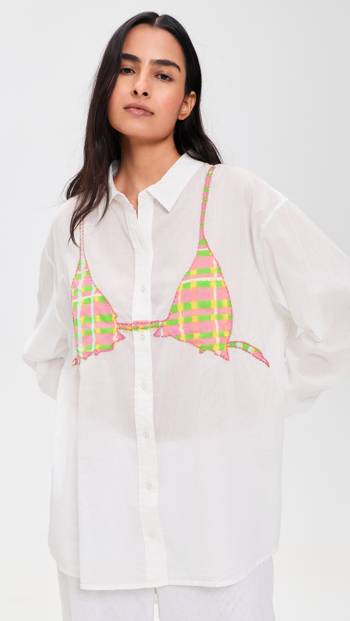 Business Casual Button Down Shirt White w/ Brushstroke Plaid One Size