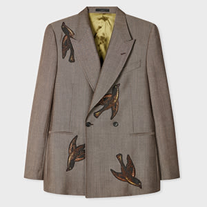 Brown Wool-Mohair Embroidered Birds Double Breasted Blazer