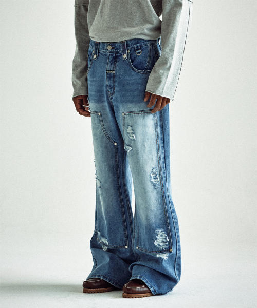 DESTROYED BOOTS CUT DENIM PANTS LIGHT BLUE