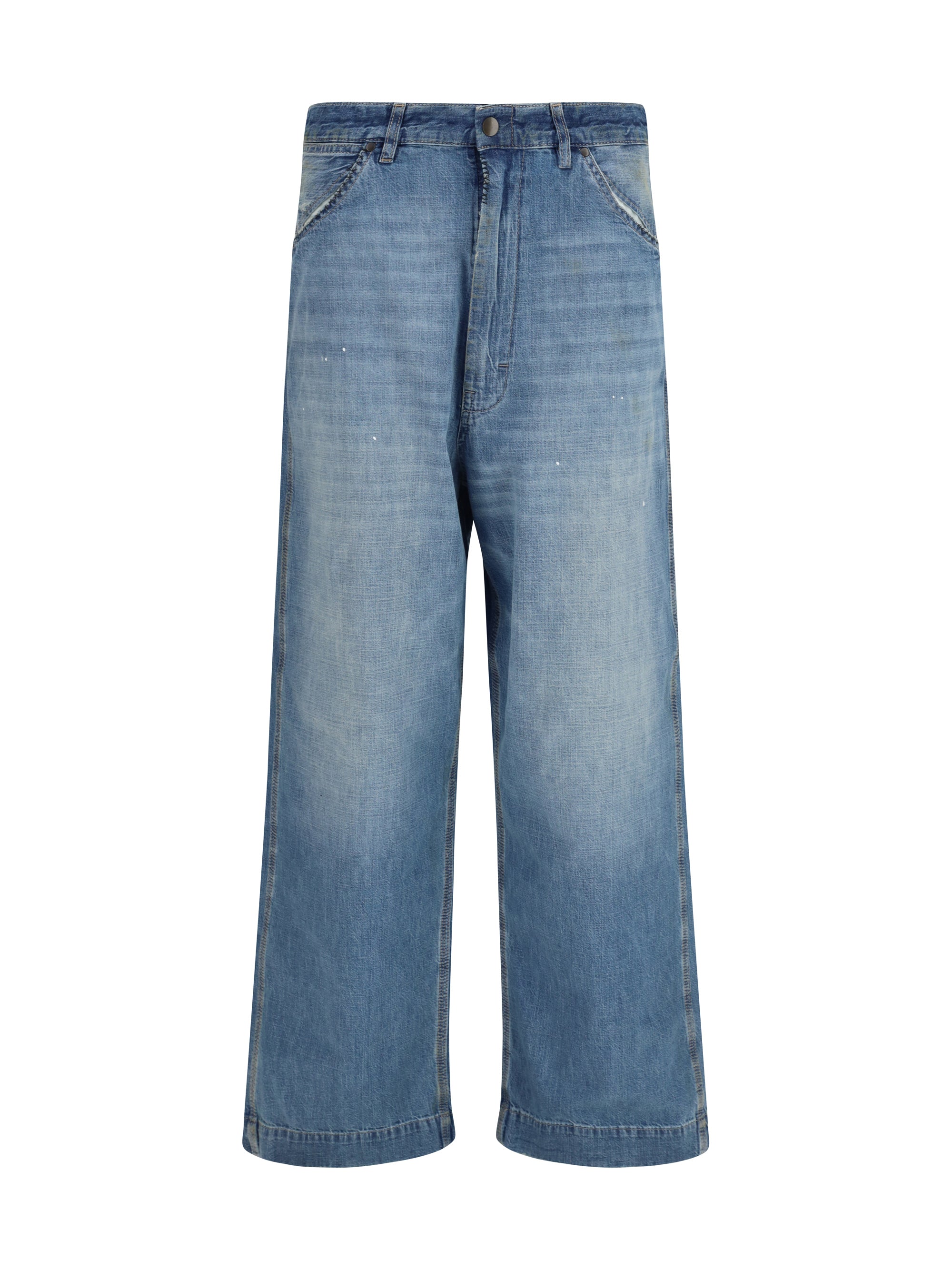 Patchwork-Detail Wide Leg Jeans — Blue