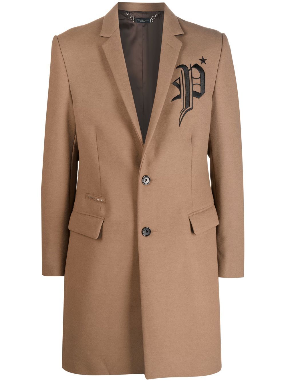 Embroidered-logo single-breasted coat - Black