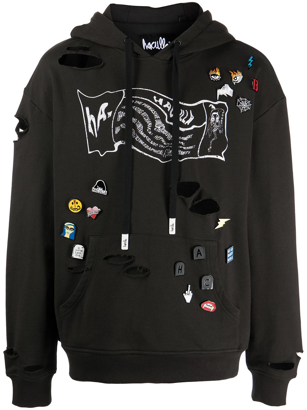 Distressed pin-detailed hoodie - Black