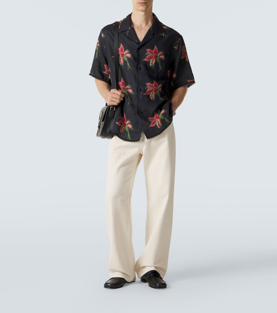 Floral lace-trimmed linen bowling shirt