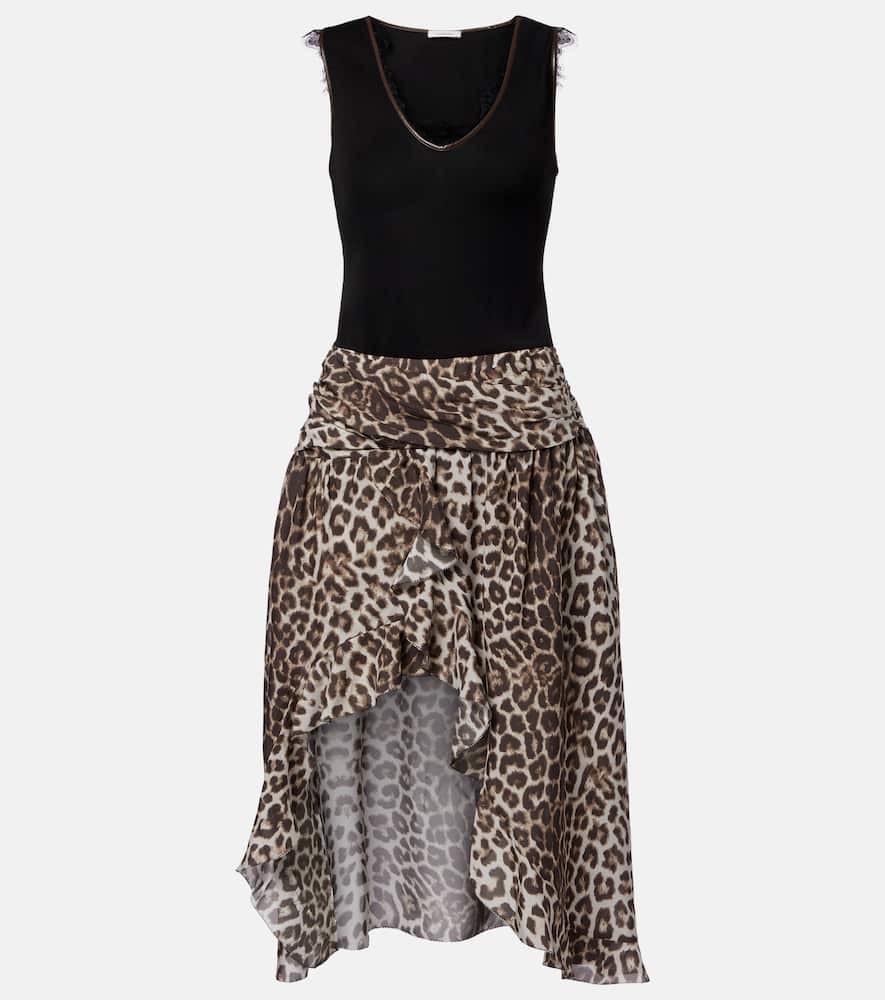 Lace-trimmed leopard-print asymmetric midi dress