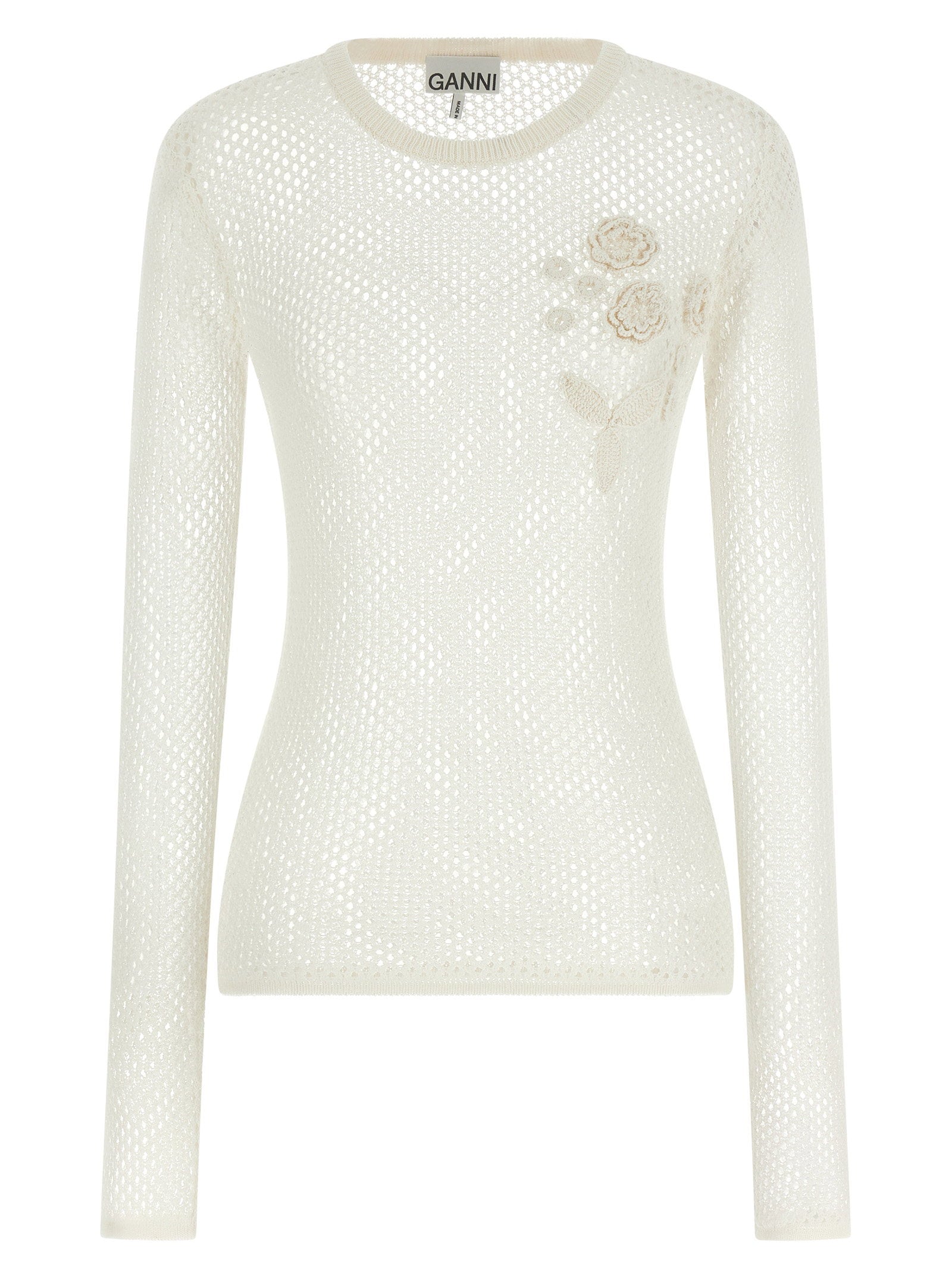 Pointelle Cotton with Floral Appliqué Sweater — Cream