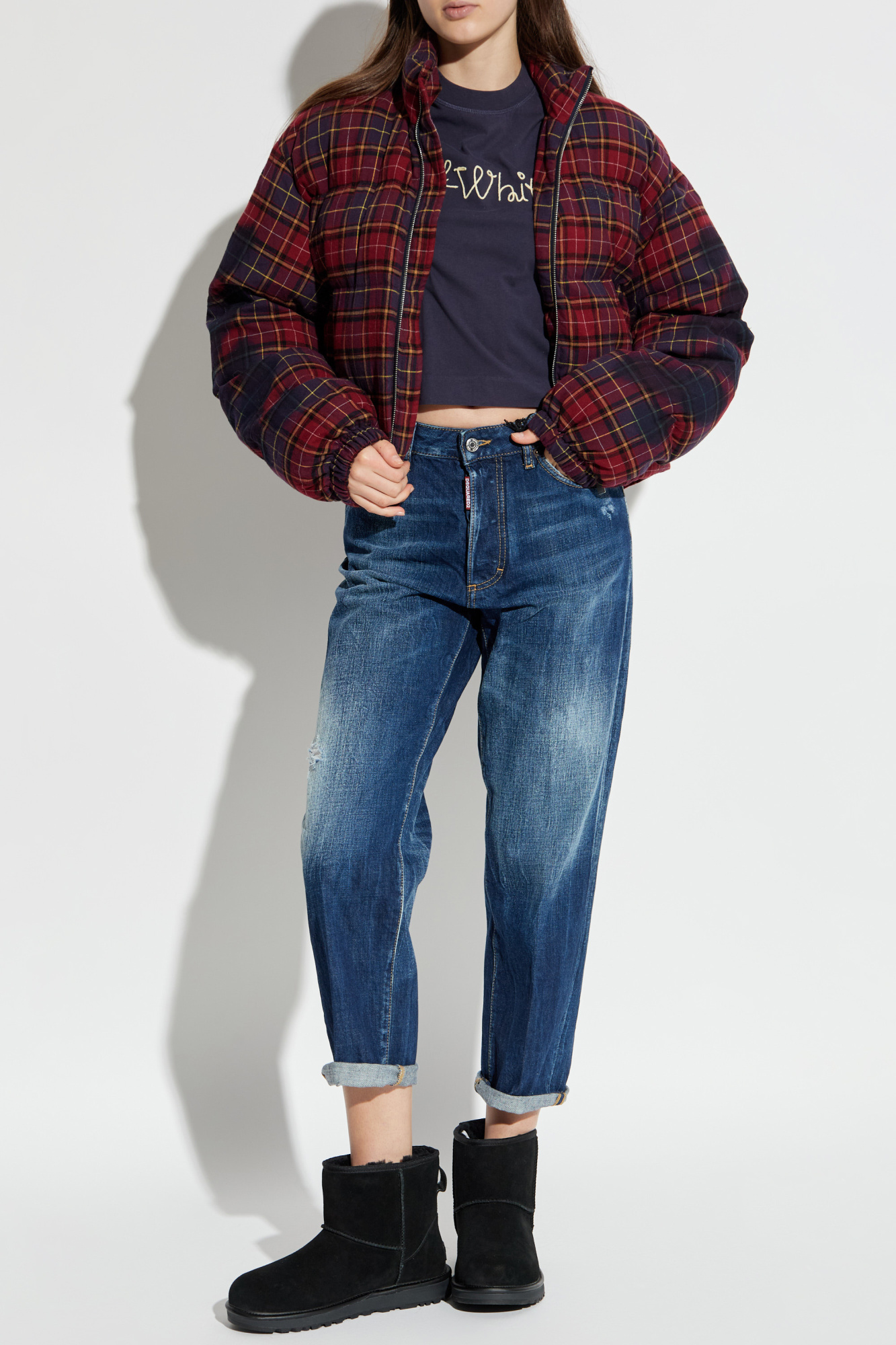 Quilted Checked Jacket, Women's, Red