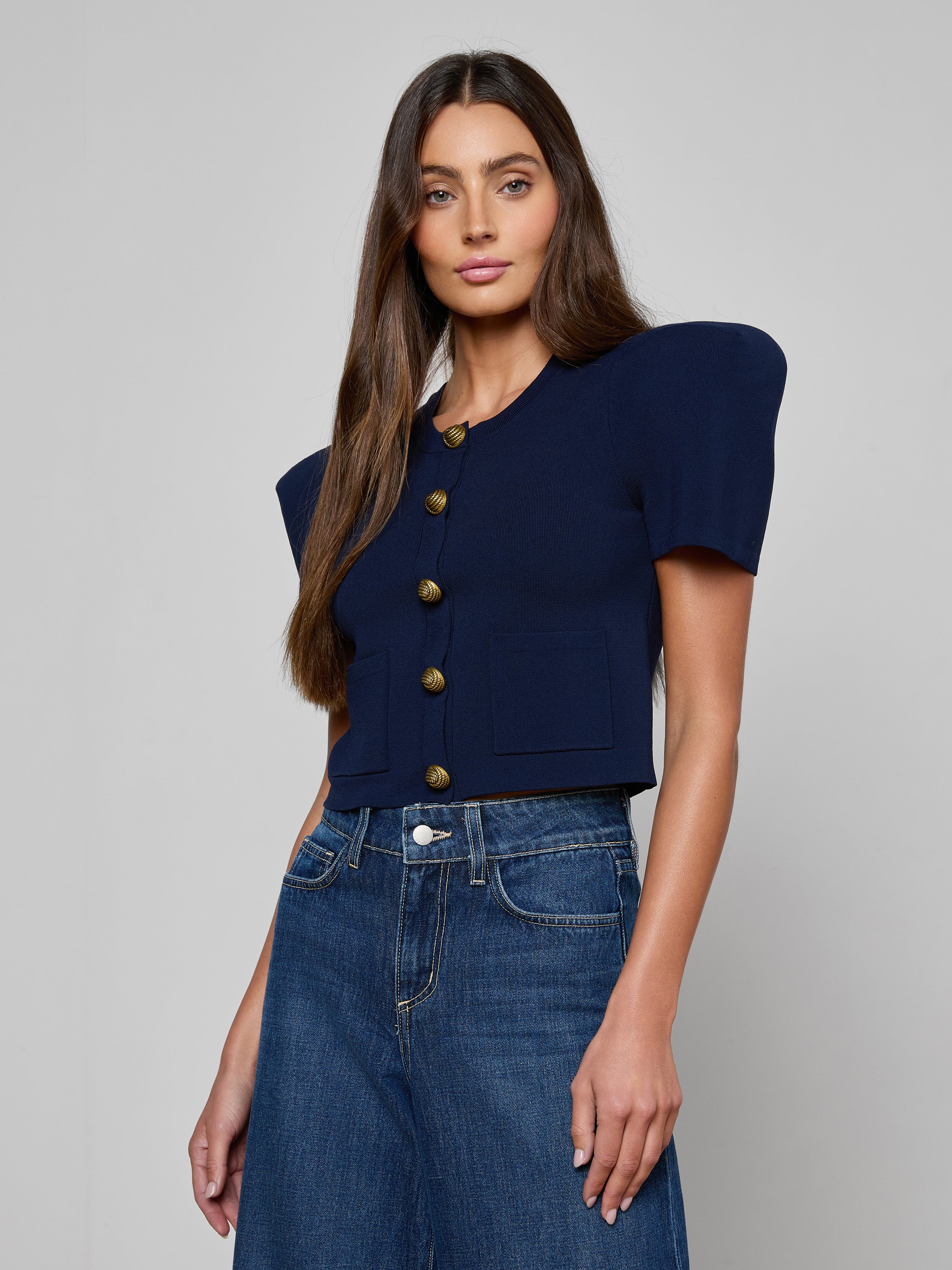 Britt Statement Shoulder Cardigan In Midnight/gold