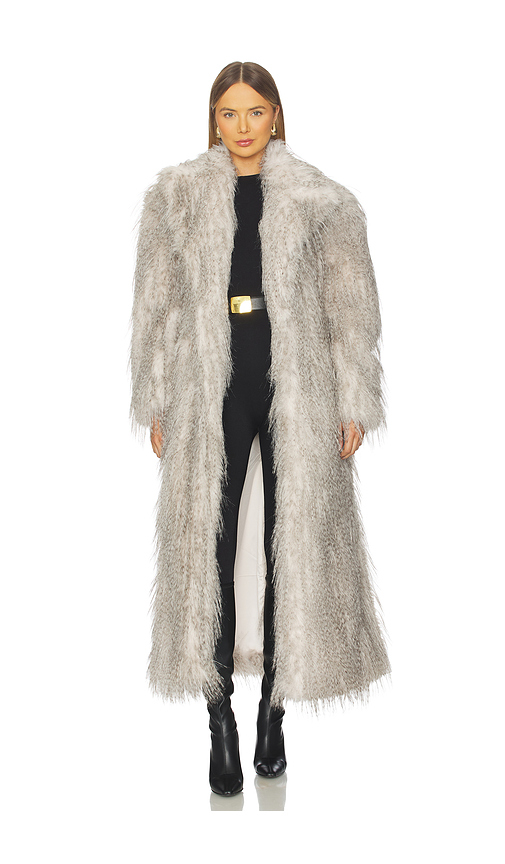 AKNVAS x REVOLVE Duke Faux Fur Coat in White & Grey. a
