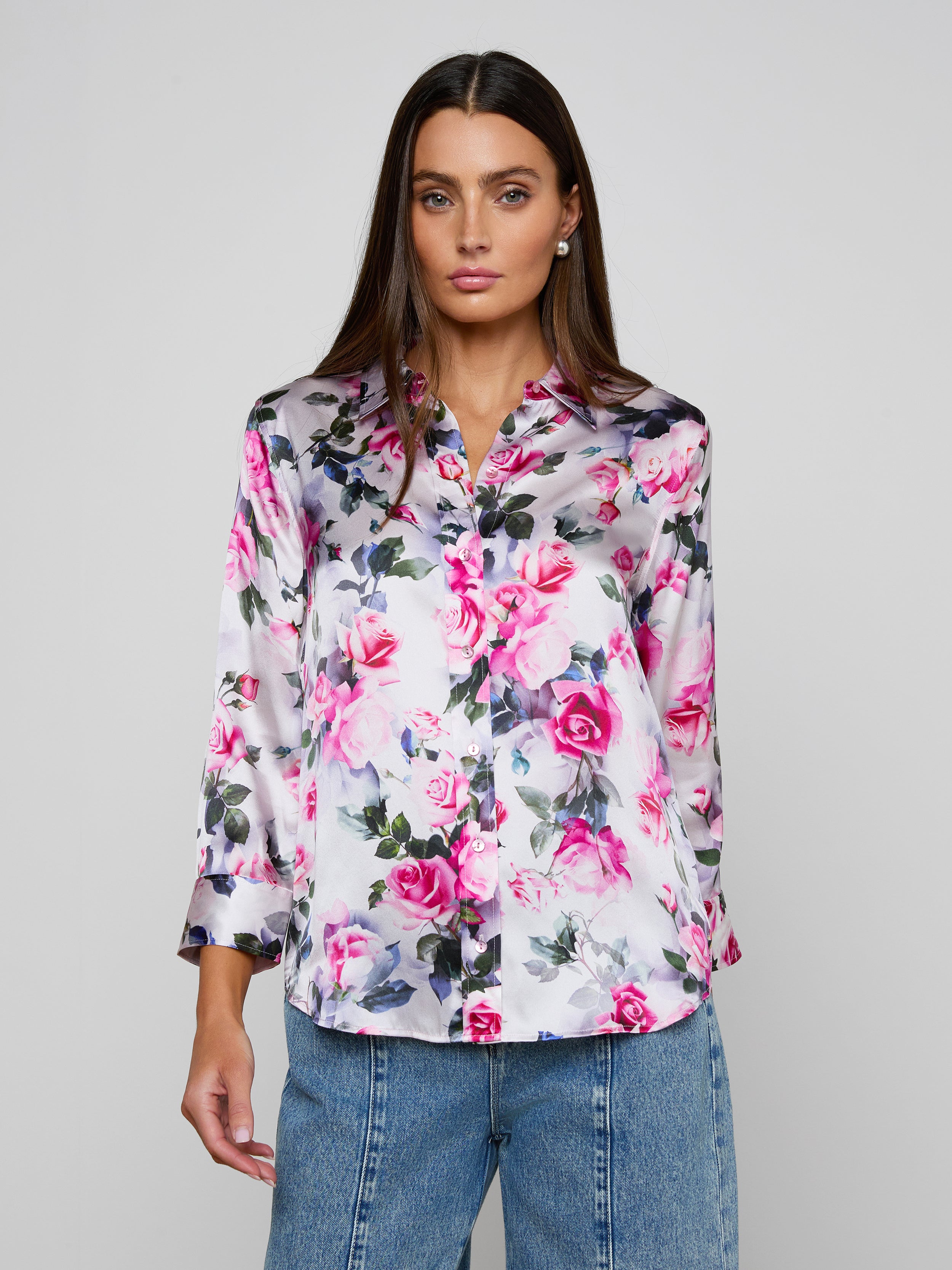 Dani Silk Blouse Top In Pink Multi Water Rose