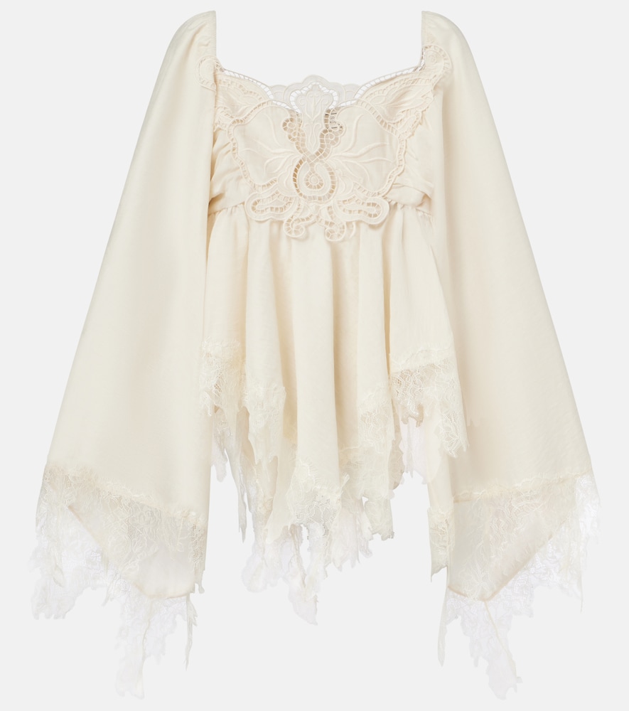 Embroidered lace-trimmed blouse