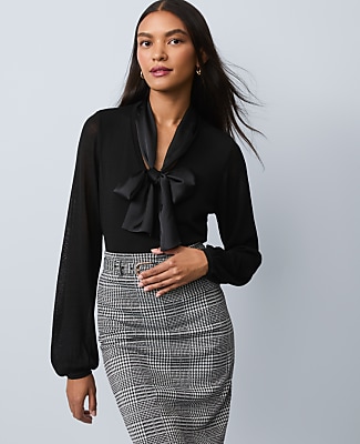 Ann Taylor Petite Mixed Media Tie Neck Top