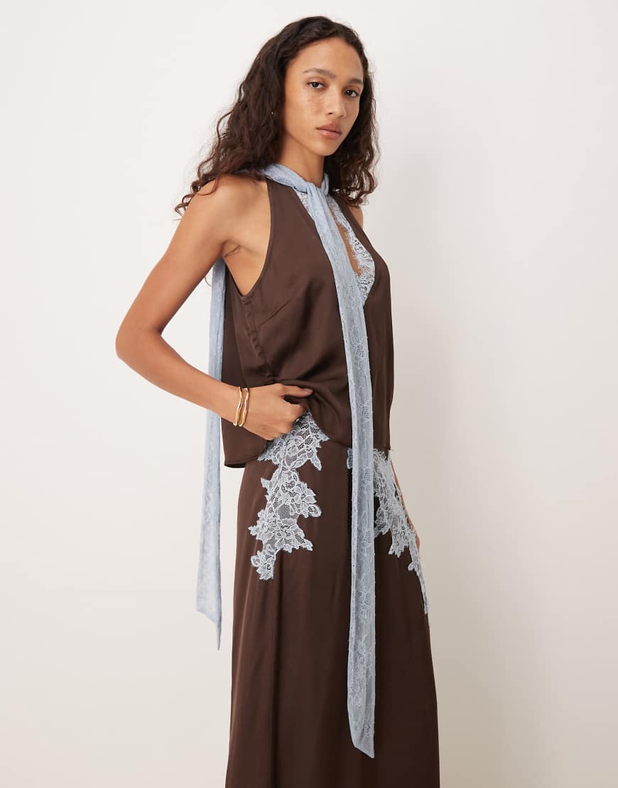 Lace trim high neck top in chocolate - part of a set-Brown
