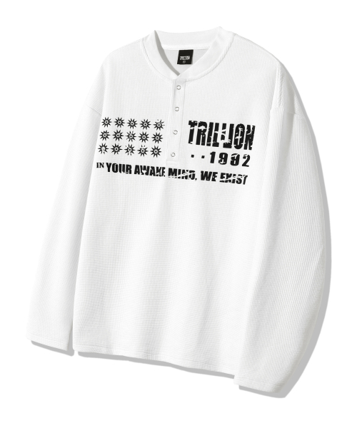 Graphic Waffle Henley Neck Long Sleeve_White