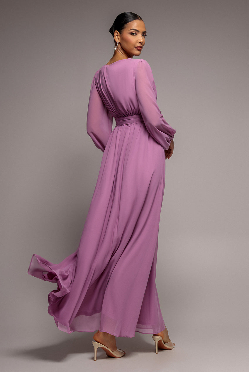 Goddiva Wrap Back With Front Slit Chiffon Maxi Dress - Dusty Lavender