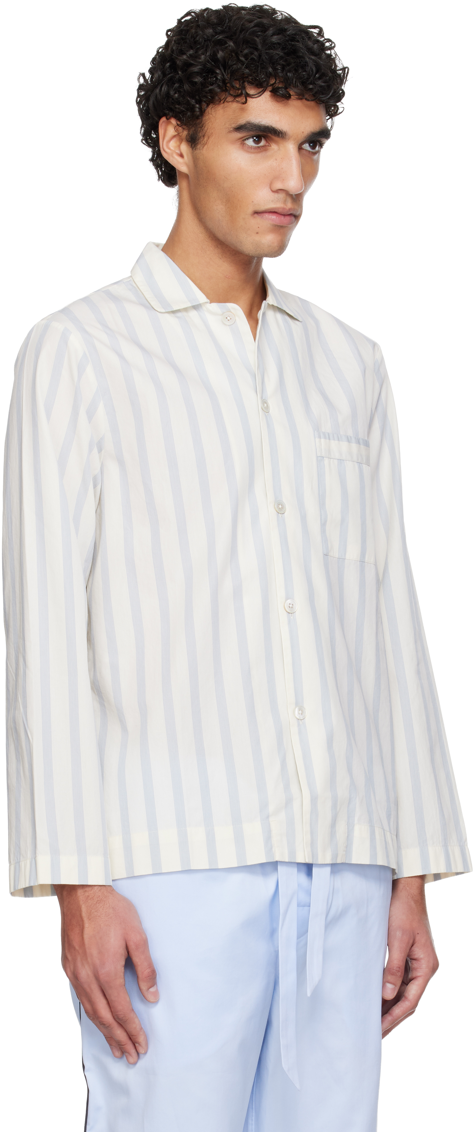 White & Blue Poplin Long-Sleeved Pyjama Shirt