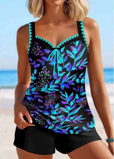 Modlily Contrast Binding Floral Print Cyan Tankini Set
