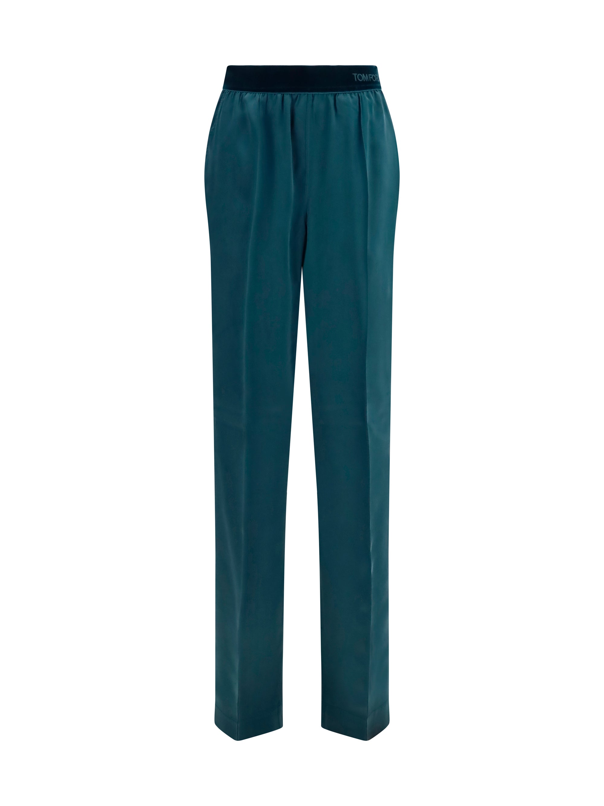 Stretch Silk Satin Trousers — Teal