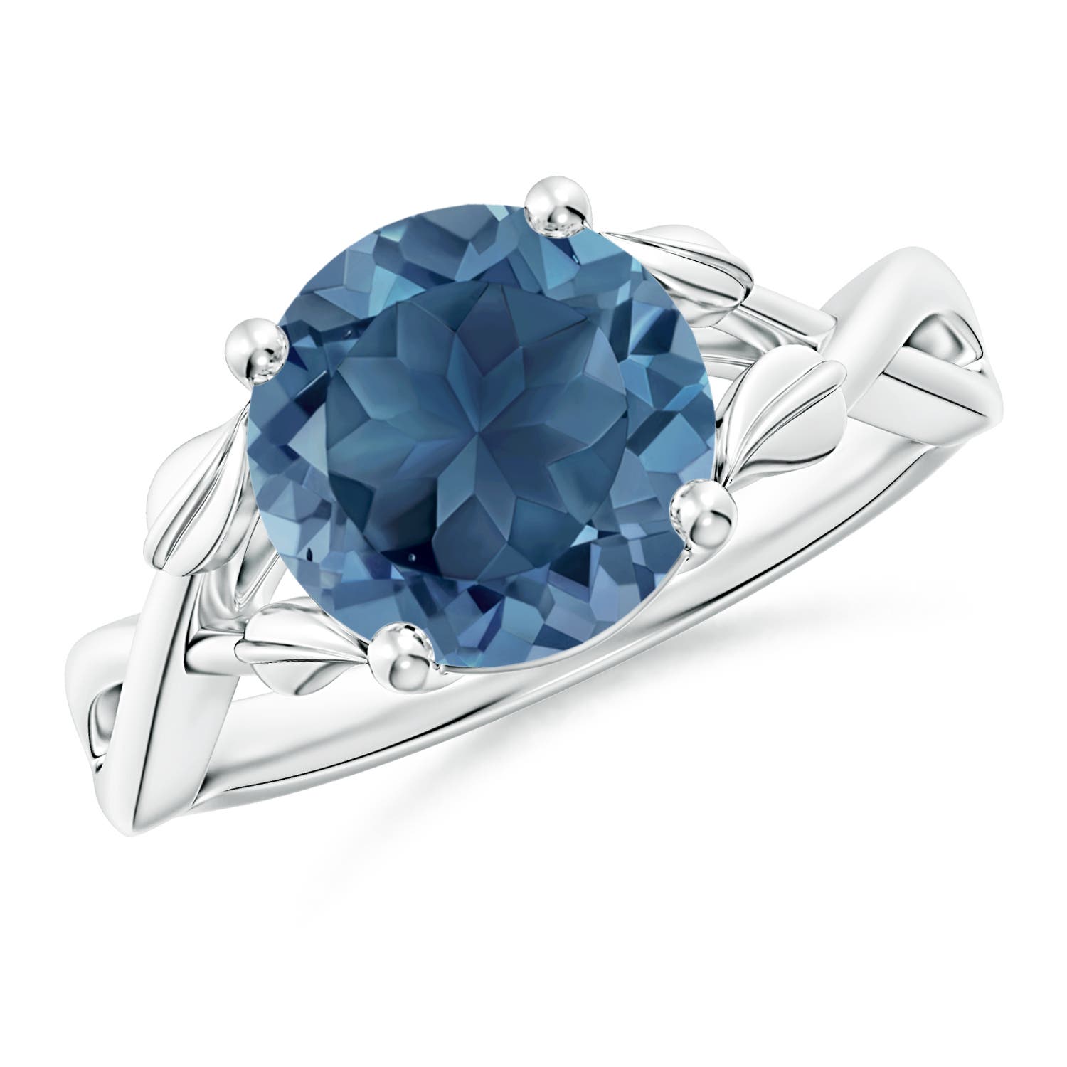 Angara 3.3 Carats Nature Inspired London Blue Topaz Crossover Ring with Leaf Motifs in Platinum