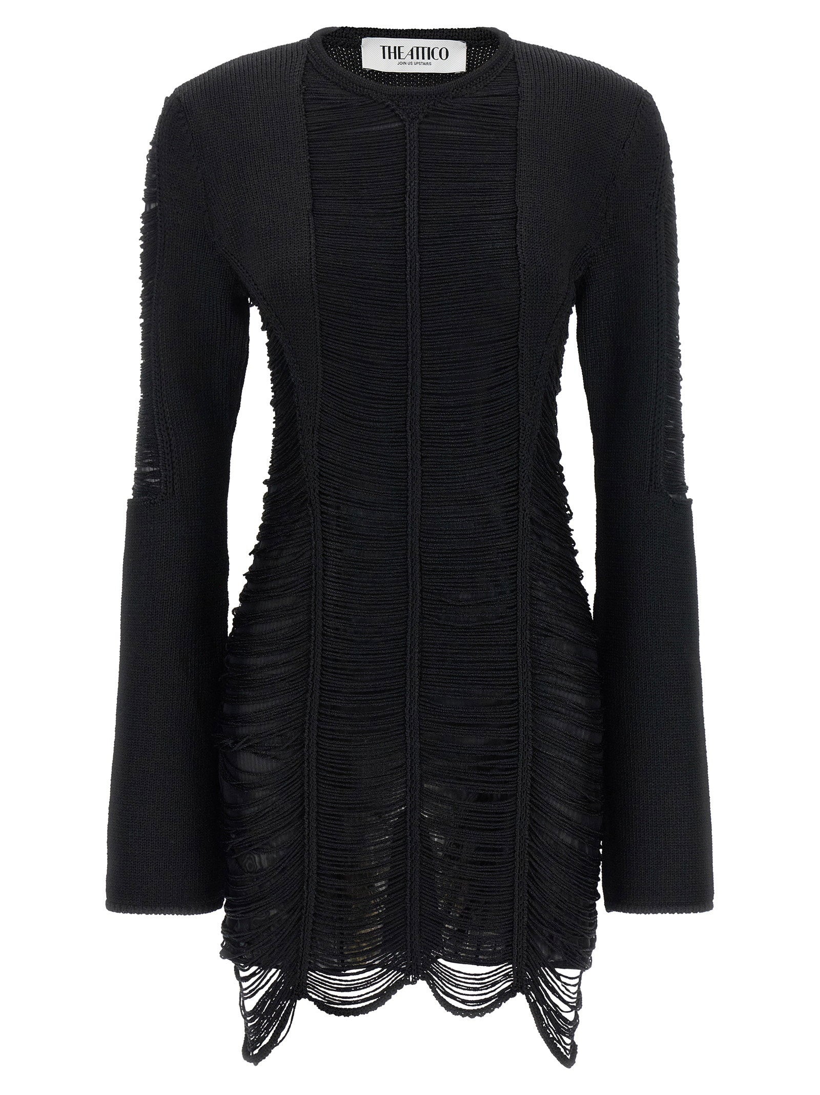 Deconstructed Fringe Knit Dress — Black