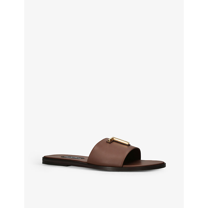 Mens Tan Brighton Logo-embellished Leather Sliders