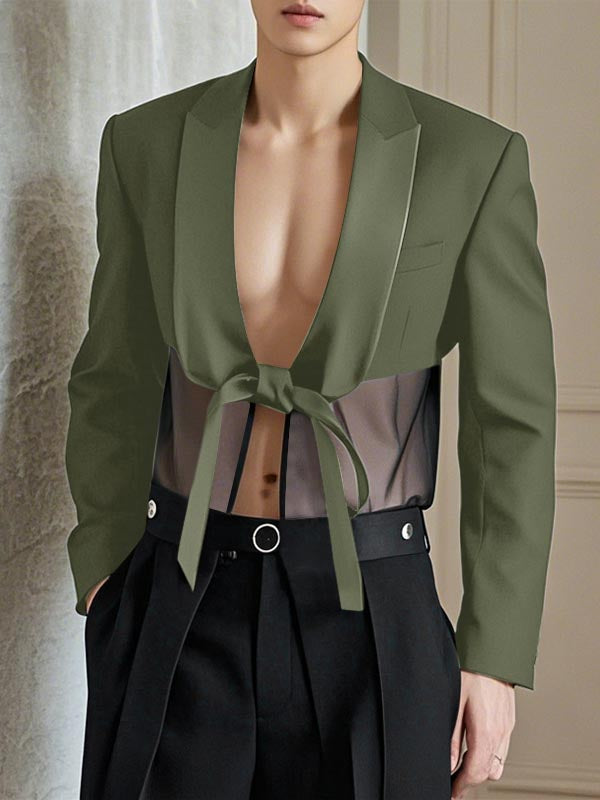 Mens Sheer Mesh Panel Tie-Detail Long-Sleeve Blazer SKUK95694 - Army Green / S