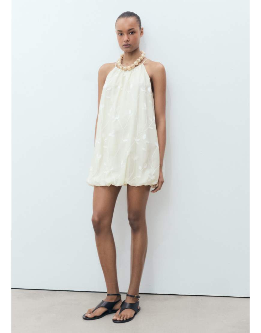 Halter neck dress with puff hem and flower embroidery in cream-Neutral