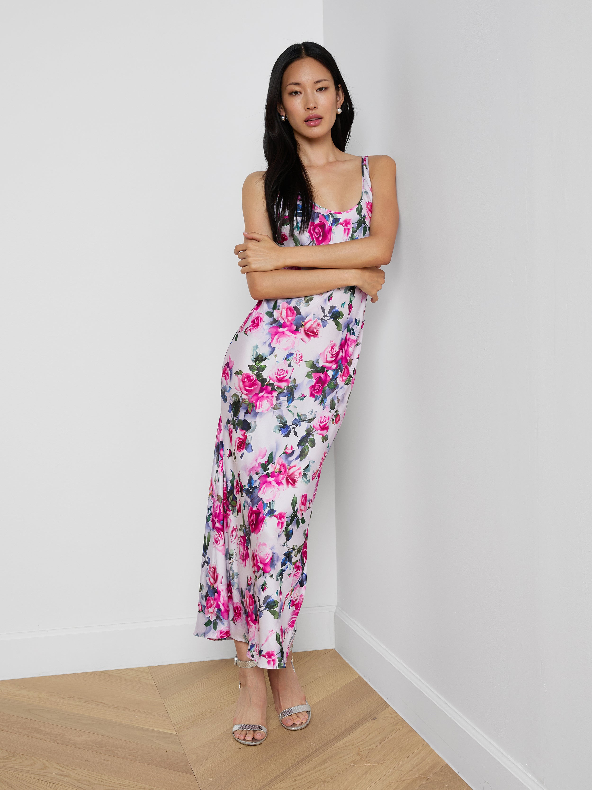 Akiya Satin Maxi Dress In Pink Multi Water Rose