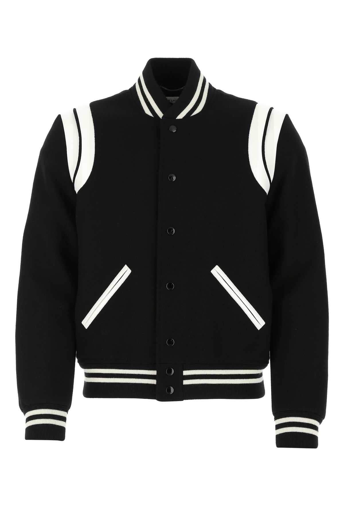 Wool Blend with Striped Trim Bomber Jacket — Black