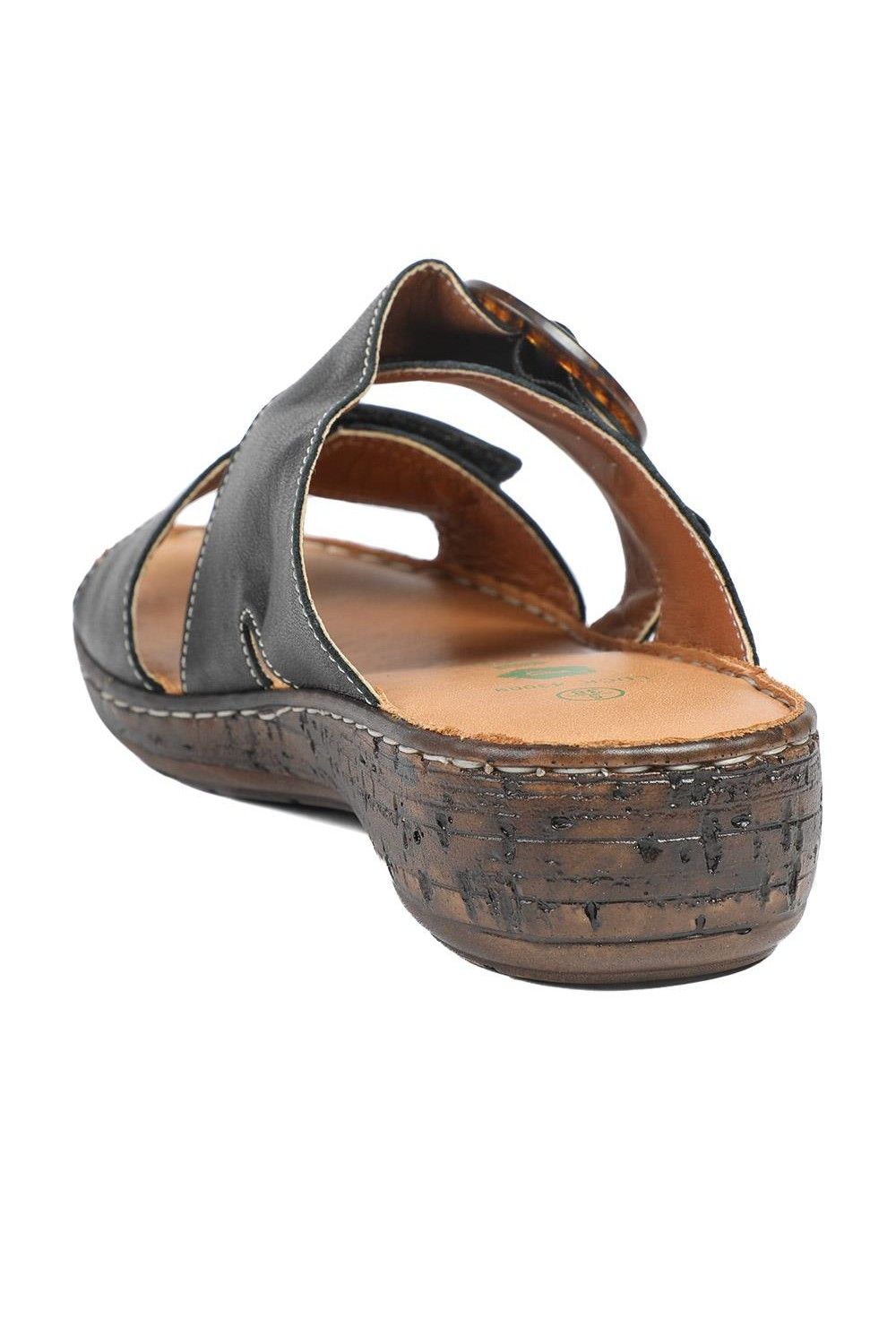 Pavers Women's Wide Fit Leather Adjustable Fasten Sandals in Black