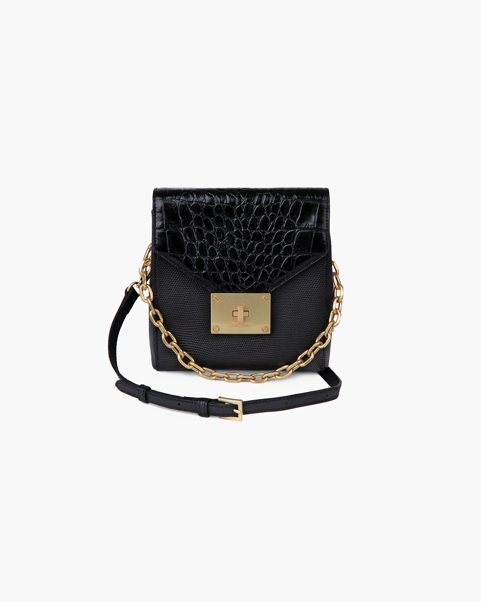 Livia Embossed Calf Leather Crossbody Bag for Women - Black, Detachable Chain Top Handle, Adjustable Strap