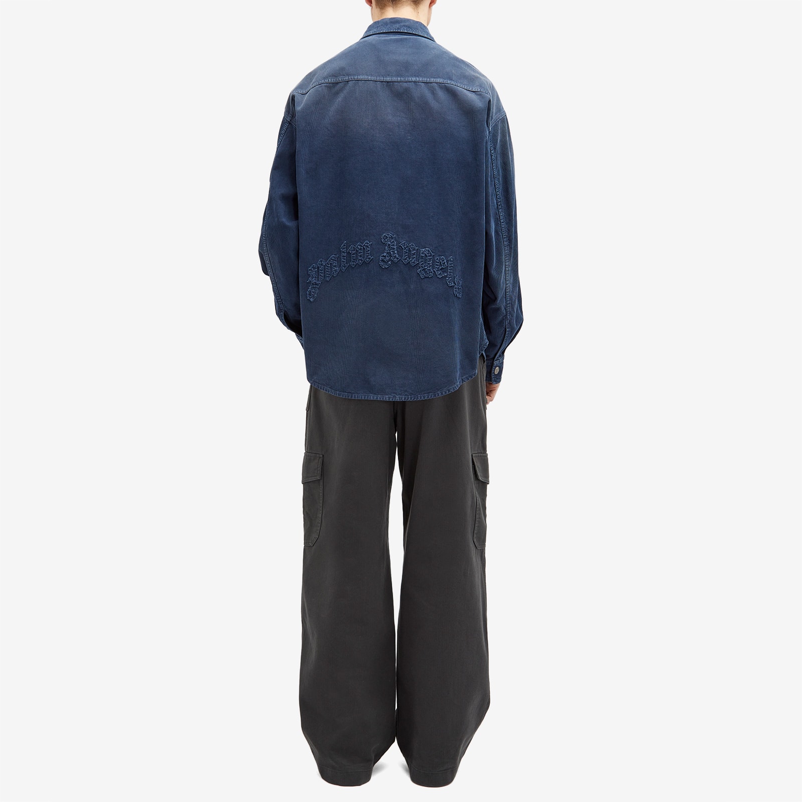 팜 엔젤스 Men's Curved Logo Corduroy Overshirt in Navy Blue PMES043S25FAB0024646