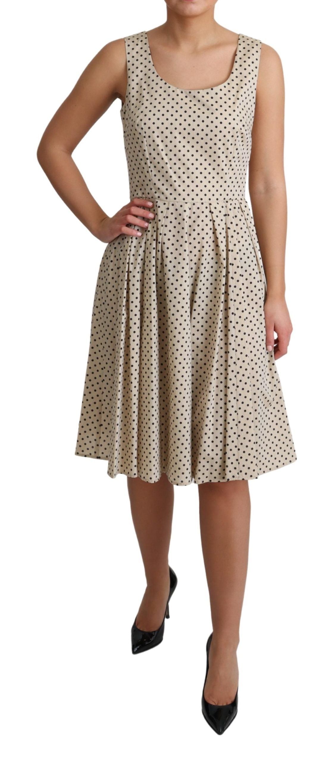 Polka-Dotted Cotton A-Line Dress — Beige