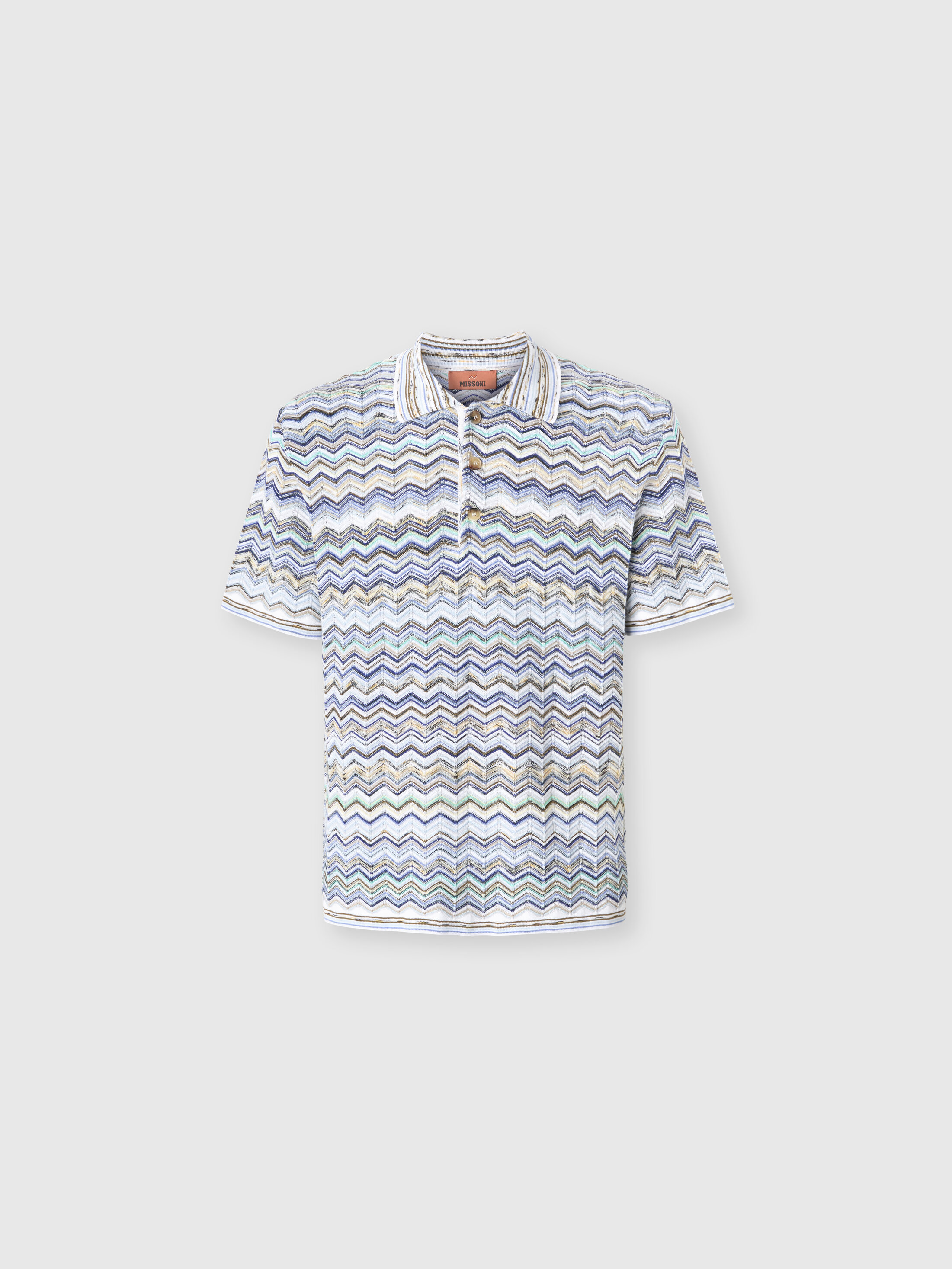 Missoni - Cotton knit polo shirt with chevron pattern, Men, Blue