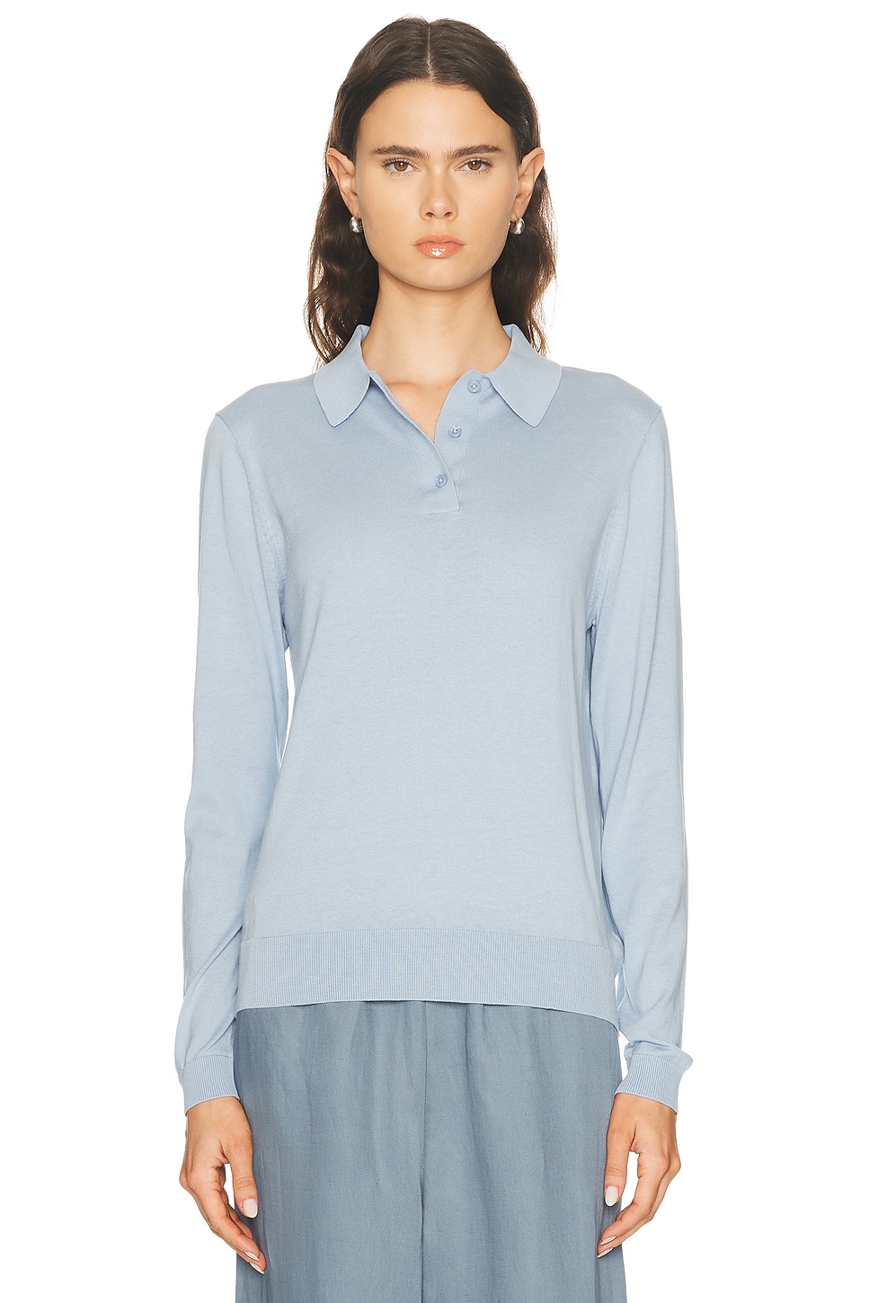 Enza Costa Silk Knit Polo Sweater in Pale Blue - Baby Blue. L also in M