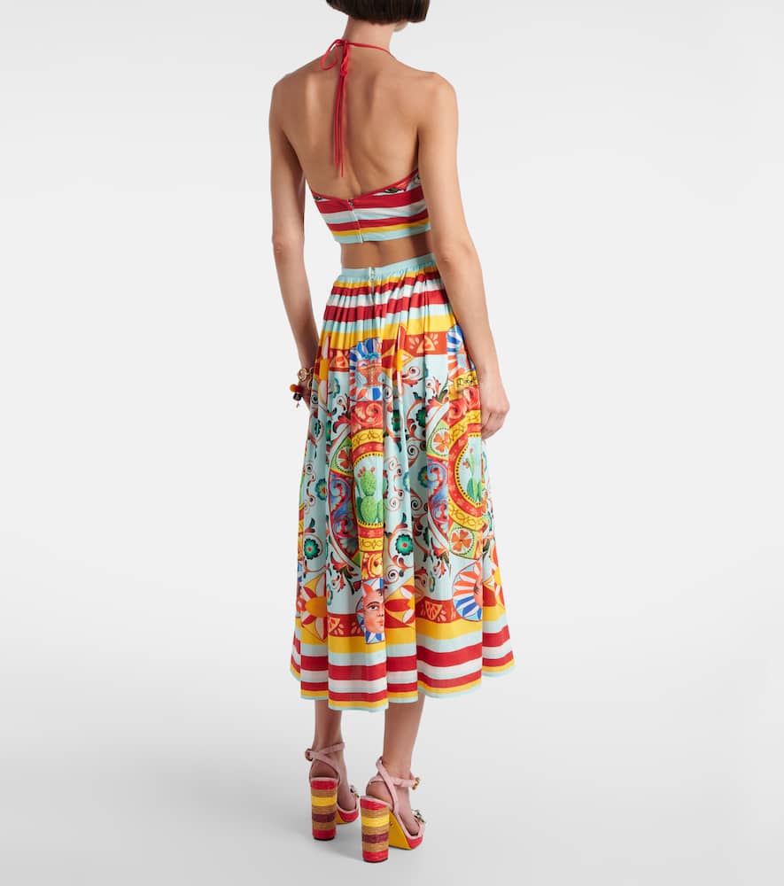 Pleated printed cotton midi skirt