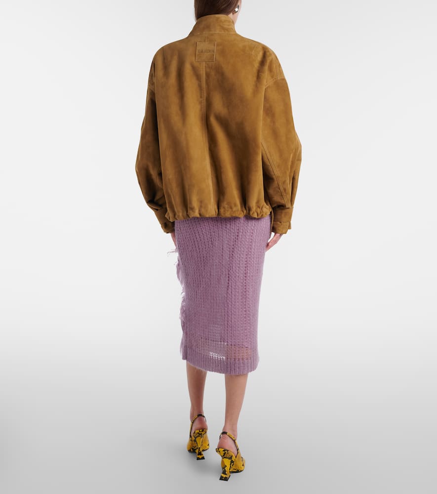 Feather-trimmed knitted midi skirt