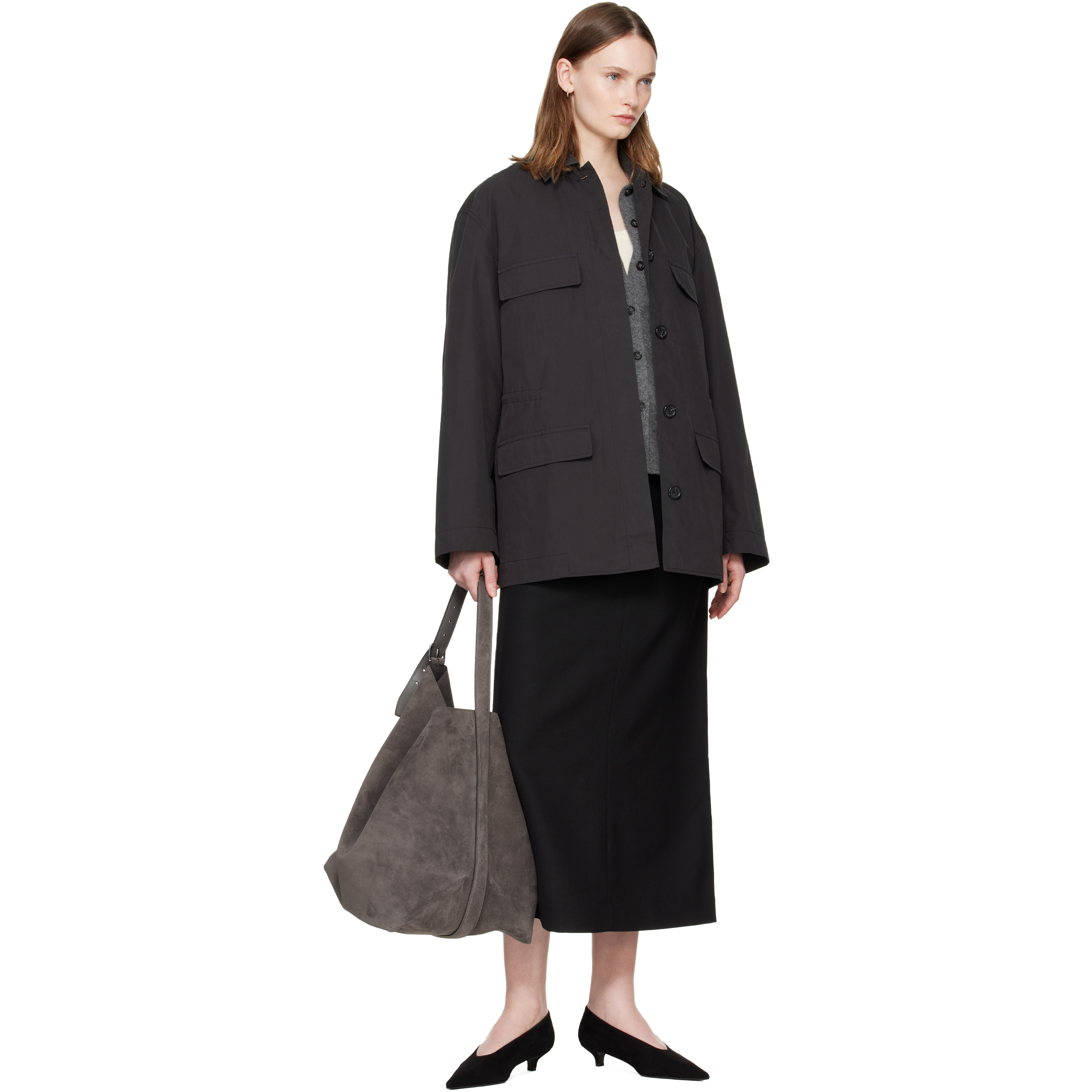 Gray Belted Suede Tote