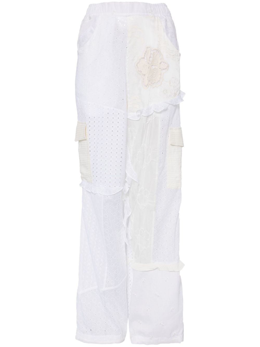 Panelled broderie-anglaise cargo trousers - Neutrals