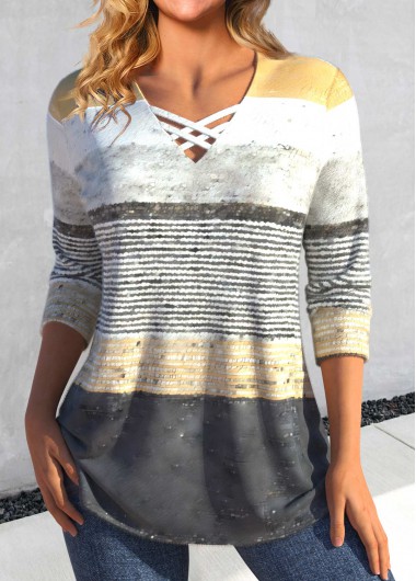 Modlily Grey Criss Cross Striped Long Sleeve T Shirt