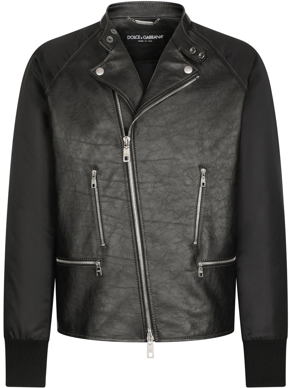 Contrasting-sleeve leather biker jacket - Black