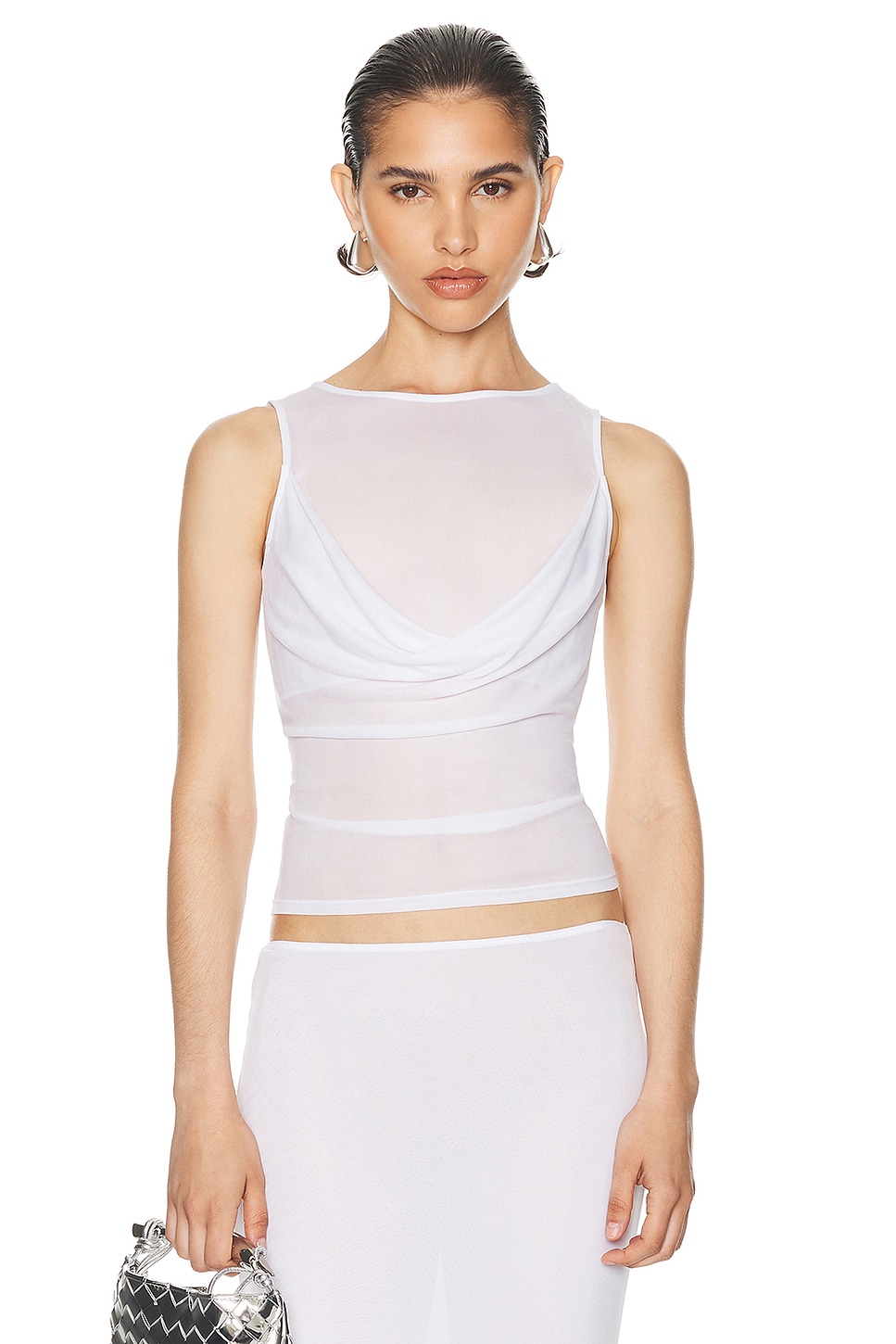 Helsa Sheer Knit Draped Top in White - White. XL also in