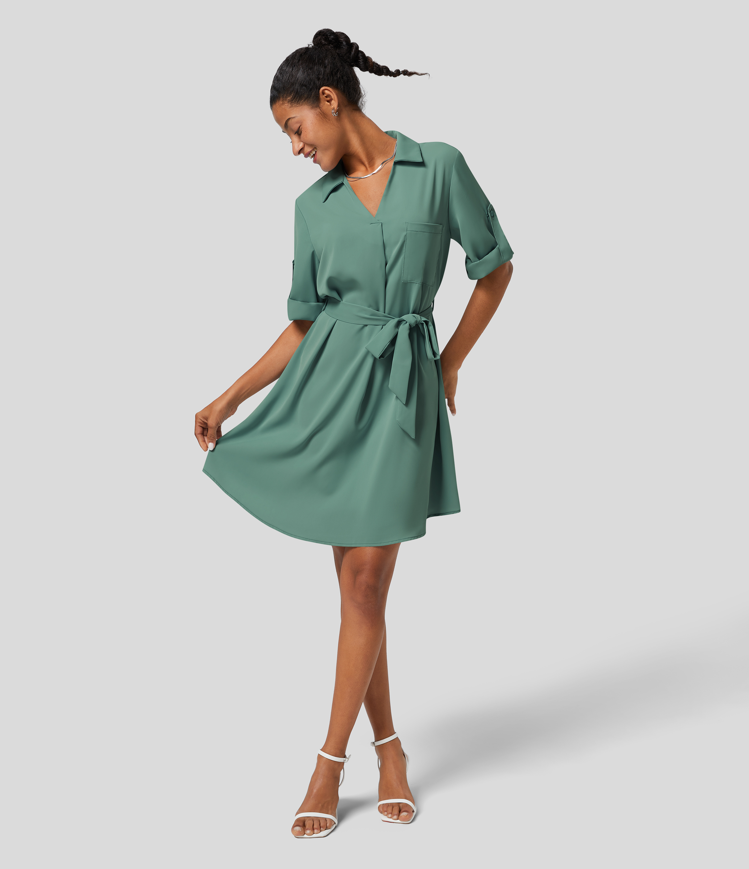 Halara Collared Roll Up Sleeve Belted Relaxed Work Shirt Dress - Crème de Menthe